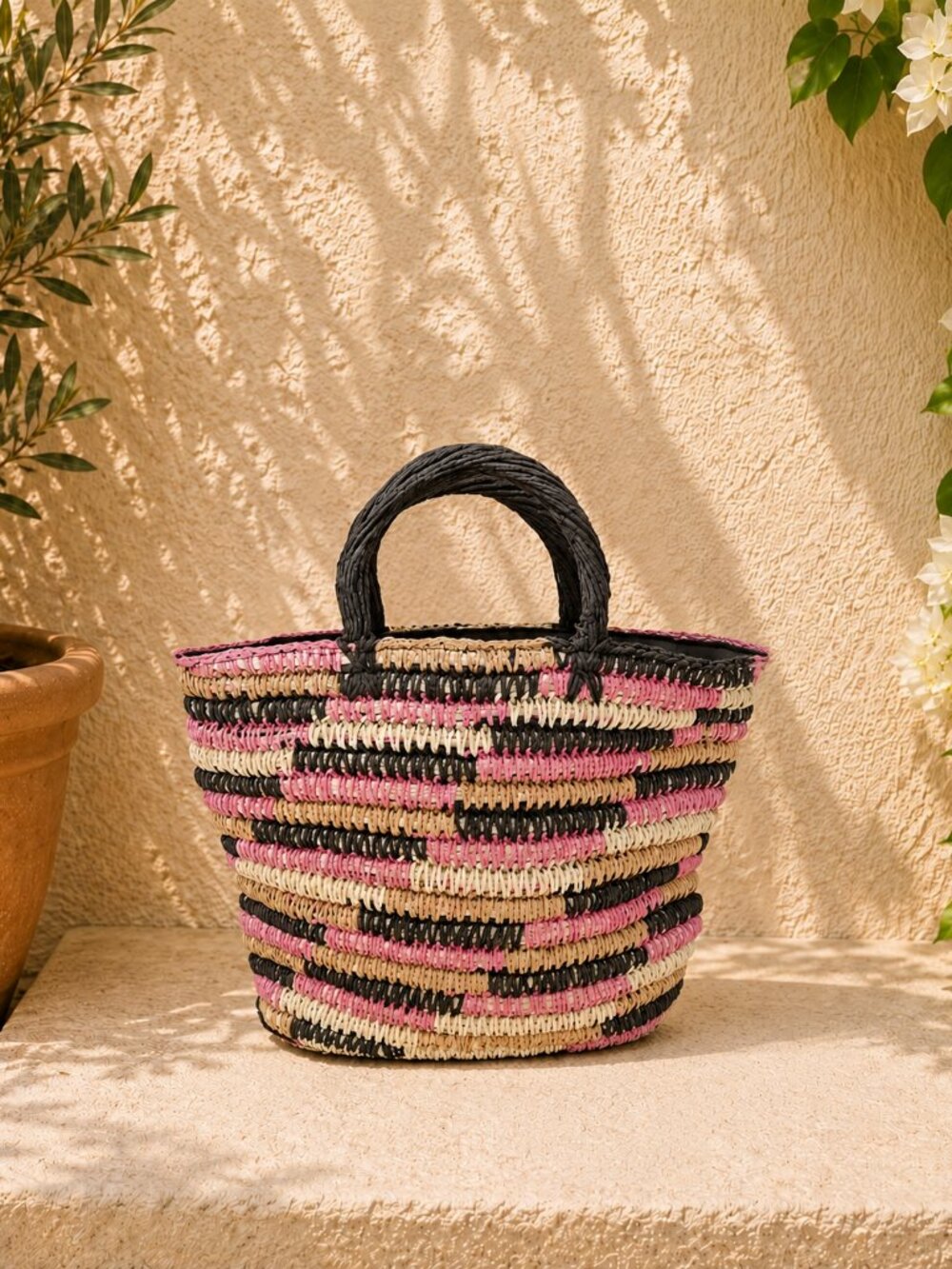 Striped Raffia Cynthia Rowley Tote Pink Black Straw Woven Summer Beach Market
